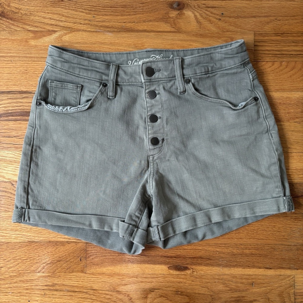 Universal Thread Womens Grey/Green Denim Hi Rise Mid Shorts Size 8